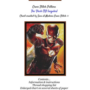 Könnte beinhalten: Kreuzstich-Muster von The Flash aus der Fernsehserie. Das Muster ist 7 Seiten breit und enthält Anweisungen, eine Garn-Einkaufsliste und ein vergrößertes Diagramm auf mehreren Blättern Papier. Das Muster wurde von Sam von Modern Cross Stitch erstellt.
