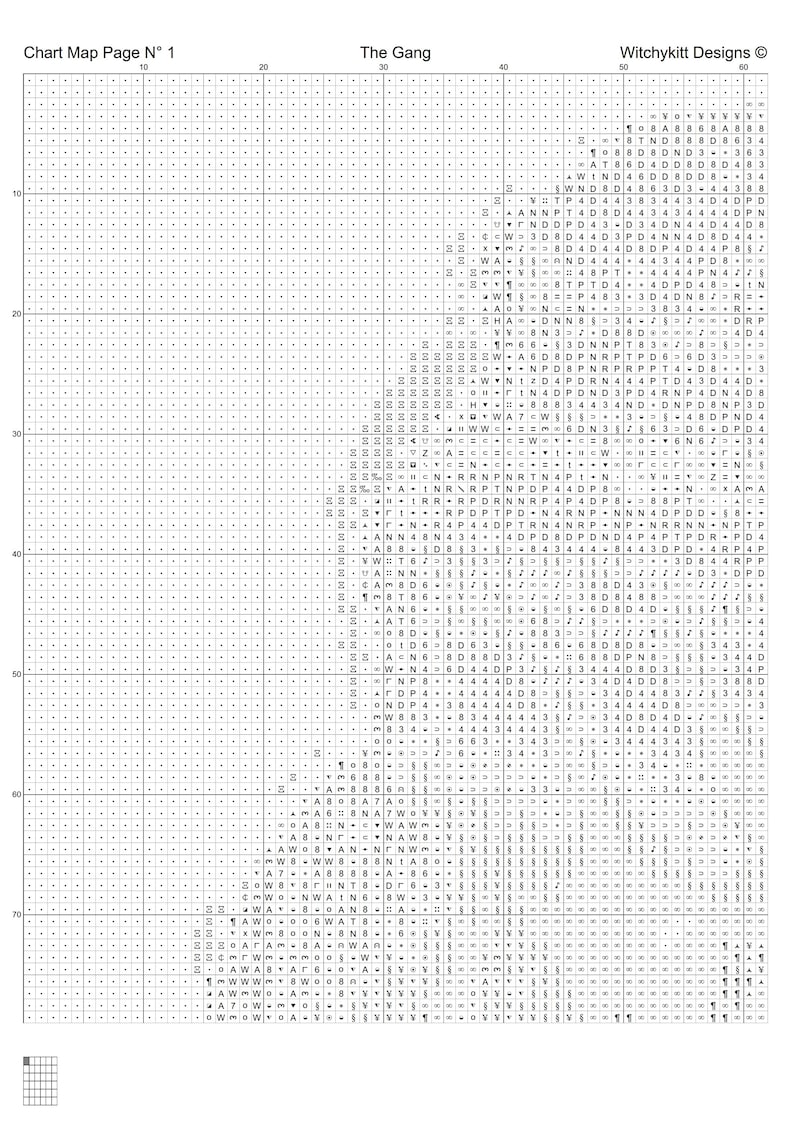 Puede incluir: Un mapa de cuadr&iacute;cula en blanco y negro con el t&iacute;tulo "The Gang" y el texto "Witchykitt Designs" en la esquina superior derecha. El mapa est&aacute; dividido en una cuadr&iacute;cula de cuadrados con n&uacute;meros en la parte superior y lateral.