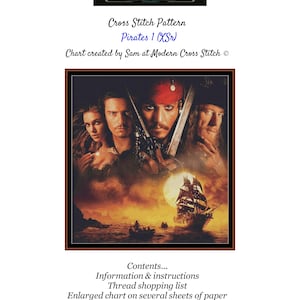 Könnte beinhalten: Kreuzstich-Muster des Films Fluch der Karibik. Das Muster zeigt Jack Sparrow, Will Turner und Elizabeth Swann. Das Muster ist 8 Seiten breit und enthält Anweisungen und eine Garn-Einkaufsliste.