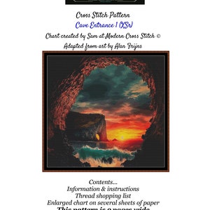 Könnte beinhalten: Kreuzstichmuster für einen Höhleneingang mit Sonnenuntergang und Meerblick. Das Muster trägt den Titel "Cave Entrance 1 (XSr)" und wurde von Sam bei Modern Cross Stitch entworfen. Das Muster ist an der Kunst von Alan Frijns angelehnt. Das Muster umfasst 9 Seiten und ist auf Facebook verfügbar.