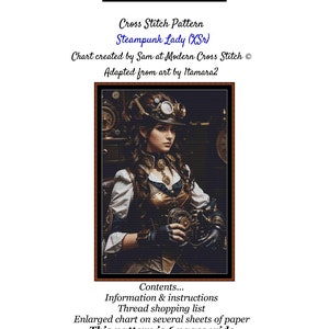 Könnte beinhalten: Kreuzstichmuster einer Steampunk-Dame in einem braunen und goldenen Outfit, die ein Zahnrad hält. Das Muster ist 6 Seiten breit und zum Download verfügbar. Das Bild ist unter der Public Domain CC3 lizenziert.