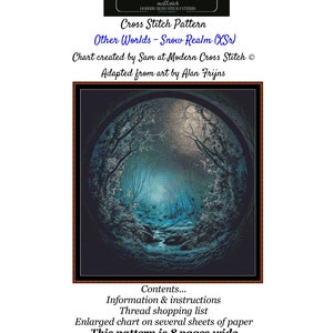 Könnte beinhalten: Kreuzstichmuster für eine verschneite Waldszene mit Mond und Bach. Das Muster heißt "Other Worlds - Snow Realm (XSr)" und ist adaptiert aus der Kunst von Alan Frijns. Das Muster ist 8 Seiten breit und ist auf der Website von Modern Cross Stitch erhältlich.