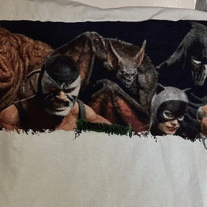 Puede incluir: Bordado de punto de cruz con un grupo de villanos de c&oacute;mics, incluyendo Bane, Man-Bat y el Espantap&aacute;jaros. Los villanos se representan en un entorno oscuro y sombr&iacute;o.