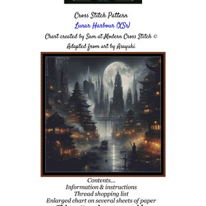 Könnte beinhalten: Kreuzstich-Muster für Lunar Harbour (XSr) von Sam bei Modern Cross Stitch. Das Muster ist adaptiert von der Kunst von Asayuki. Dieses Muster umfasst 9 Seiten und beinhaltet Informationen, Anweisungen und eine Garn-Einkaufsliste. Bild unter der Public Domain CCo lizenziert. Modern Cross Stitch von The Cross Stitching Gardener 2024.