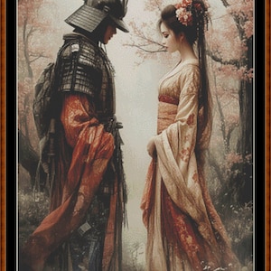 Könnte beinhalten: Gerahmter Druck, der eine japanische Szene mit einem Samurai in Rüstung und einer Frau in einem Kimono zeigt. Das Kunstwerk verwendet eine weiche Farbpalette aus Rot-, Braun- und Rosatönen mit Kirschblütenbäumen im Hintergrund.