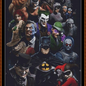 Puede incluir: Un grupo de villanos de Batman, incluyendo al Joker, Harley Quinn, el Ping&uuml;ino, Poison Ivy, Dos Caras y Bane, se re&uacute;nen alrededor de Batman. Los villanos est&aacute;n todos en sus trajes ic&oacute;nicos y se ven amenazantes.