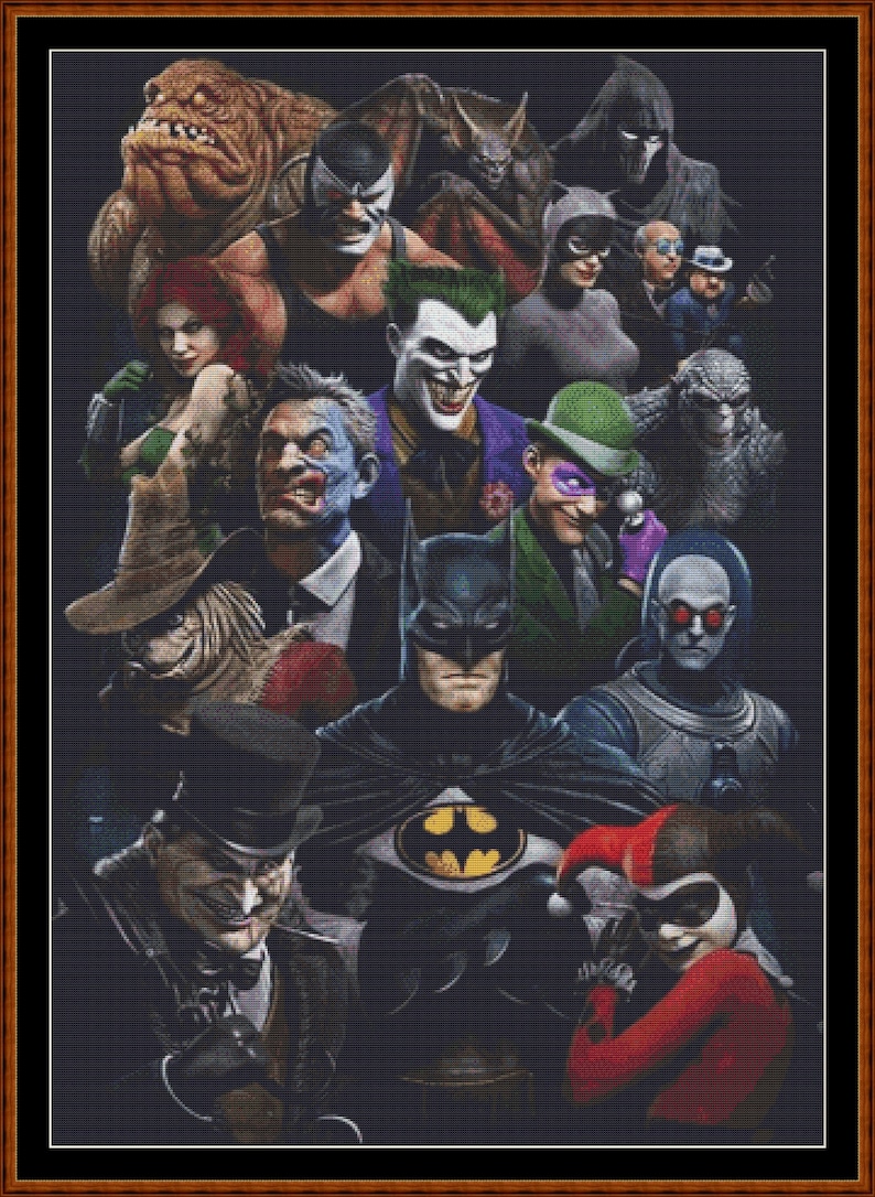 Puede incluir: Un grupo de villanos de Batman, incluyendo al Joker, Harley Quinn, el Ping&uuml;ino, Poison Ivy, Dos Caras y Bane, se re&uacute;nen alrededor de Batman. Los villanos est&aacute;n todos en sus trajes ic&oacute;nicos y se ven amenazantes.