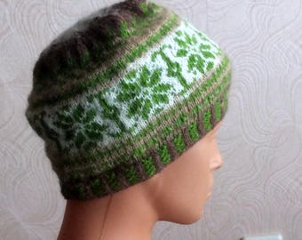 hand knitted winter hat, unisex patterned hat, wool beany, green patterned beany, warm hat, girls accessories, men hat, beautiful patterned