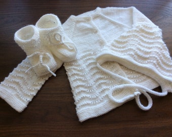 baby sweater, knitted baby spring jacket, christening set, white baby set, hand made set, handmade baby set, warm and cosy set,