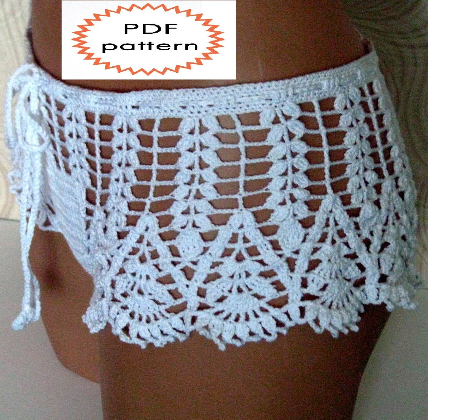 Pattern Crochet White Beach Shorts, Shorts for Summer, Pattern Beach