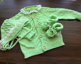 baby clothing set, knitted baby sweater apple green with white lace cardigan hat & boots set, wool baby cozy set, gift for baby warm set