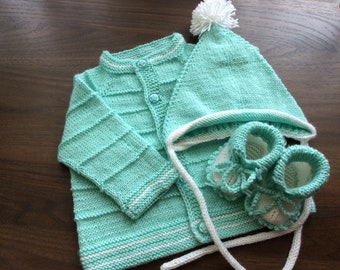 Knitted baby set, boy spring jacket, hat and boots set