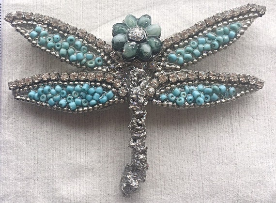 Beautiful gift for her. Handmade blue and silver dragonfly brooch made using recycled materials Unique KariadCreation