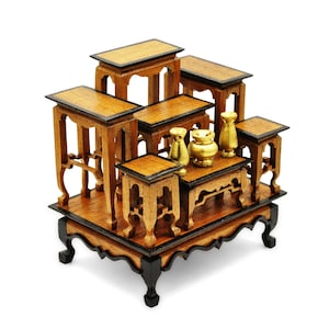 SET di 7 mini altare tavoli in legno di teak culto amuleto tailandese feng shui antico amuleto intagliato a mano in teak