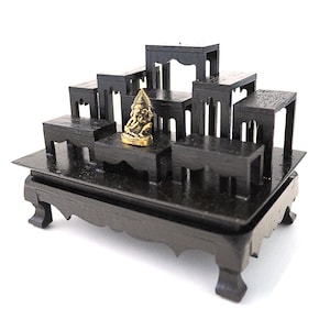 4.3&quot; Tall BLACK ver. SET of 9 mini Altar Tables Thai Buddha amulet strong Vtg Teak Wood