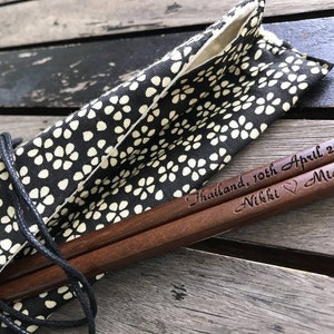Personalized Engraved Wooden Chopsticks (Dark Brown) with Cotton Bag | Wedding Giveaway
