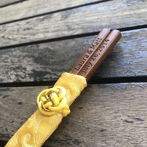 Personalized Engraved Wooden Chopsticks (Dark Brown) with Asian Silk Pouch | Wedding Giveaway