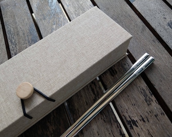 East Meets West Wedding Favor – Personalized Engraved Stainless Steel Chopsticks (Square Head) with Linen Gift Box | Wedding Gifts