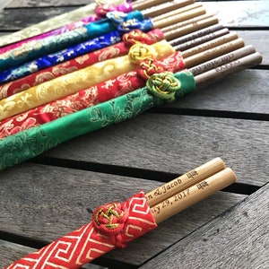 Wedding Chopsticks Favor - Personalized Engraved Eco Friendly Natural Bamboo Chopsticks with Asian Silk Pouch | Free Shipping