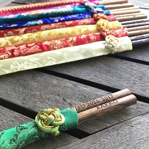 Wedding Chopsticks Favor - Personalized Engraved &quot;Chicken Wing Wood&quot; Wooden Chopsticks with Asian Silk Pouch | Free Shipping
