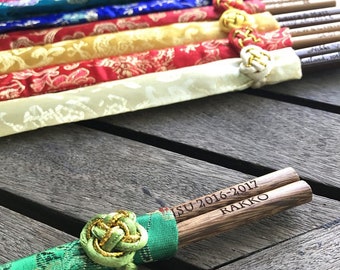 Wedding Chopsticks Favor - Personalized Engraved "Chicken Wing Wood" Wooden Chopsticks with Asian Silk Pouch | Free Shipping