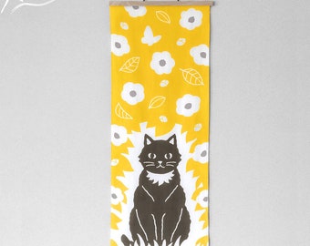 Black cat Japanese towel / Yellow / A-tenugui