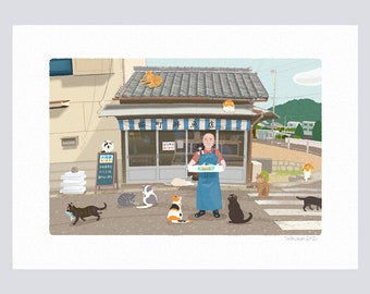 Art print / 47. Cat Town Fresh Fish Store  (A4.A3.A2 size)   free shipping