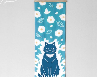 Blue cat Japanese towel / sky blue  / A-tenugui