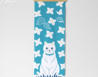 White cat Japanese towel / sky blue / A-tenugui