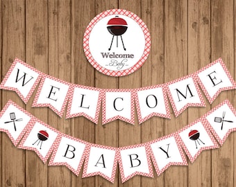 BABY-Q Welcome Baby Banner, PRINTABLE, BBQ Baby Shower, Red, BabyQ Shower Decor, Couples bbq Shower, Instant Download, Digital - BSU020R