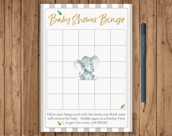 Elephant Baby Shower Bingo Card, PRINTABLE, Boy Shower Bingo Game, Cute Elephant, Stripes, Digital File, Instant Download - BSU046B