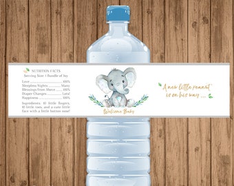 Elephant Water Bottle Labels, PRINTABLE, Elephant Baby Shower, Elephant Bottle Wraps, Boy Baby Shower, Instant download, 2x8 inch - BSU046B