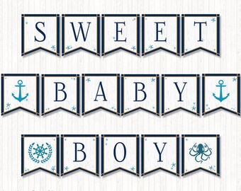 Nautical Baby Shower Banner, PRINTABLE, Sweet Baby Boy Banner, Anchor Banner, Navy Blue, INSTANT DOWNLOAD, Digital file (16 Flags) - BSB013