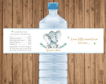 Elephant Water Bottle Labels, PRINTABLE, Elephant Baby Shower, Elephant Bottle Wraps, Boy Baby Shower, Instant download, 2x8 inch - BSU046B