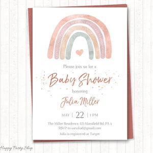 Invito doccia bambino arcobaleno, STAMPABILE, Invito doccia neutro di genere, toni tenui, Boho Baby Shower, Boho, File digitale - BSU069N