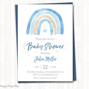 Invito per la doccia per bambini arcobaleno blu, STAMPABILE, Boy Baby Shower, tema Boho Rainbow Shower, Boho - File digitale - BSU069B - BSU069BB