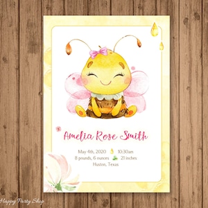 Pink Bee Baby Birth Stats Wall Art, IMPRIMABLE, Carte de faire-part de naissance, Baby Stat Sign Personnalisé, Cadeau de bébé, Boho, Fichier numérique - BSU060P