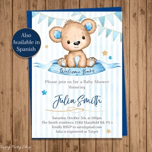 Bear Baby doccia invito, stampabile, blu orsacchiotto invito per ragazzo, acquerello orso, tema orsacchiotto, strisce, file digitale - BSU063BB