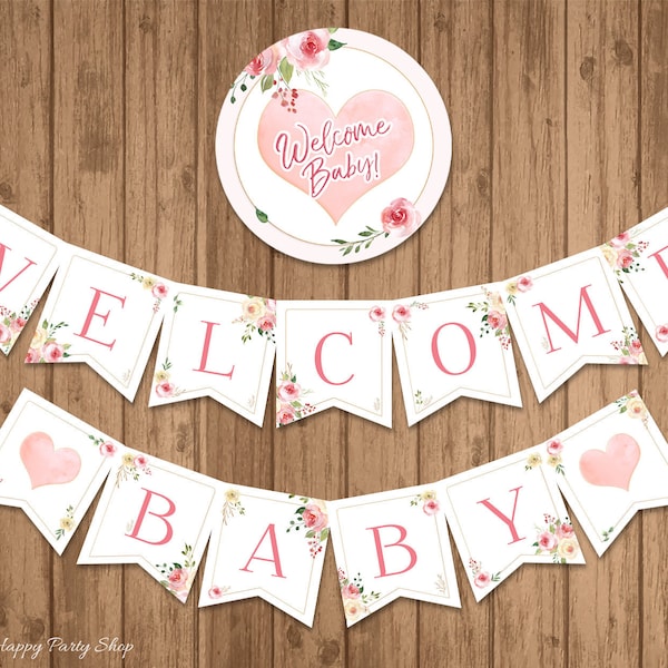 Roses Welcome Baby Banner, PRINTABLE, DIY, Blush Roses, It's a Girl, Pink Baby Shower, Watercolor Roses, Roses Theme, Digital File - BSG016