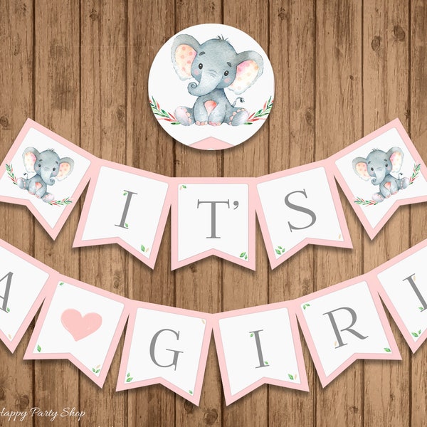 It's a Girl Banner, PRINTABLE, Pink Elephant Baby Shower Banner, Baby Girl, Elephant Theme, INSTANT DOWNLOAD - Digital (12 Flags) - BSU046PI