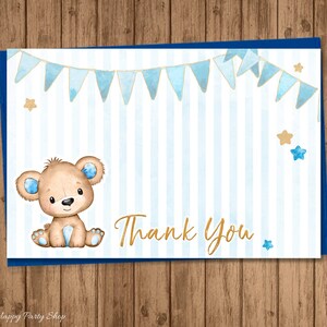 Teddy Bear Thank You Card Printable Bear Baby Shower Blue - Etsy