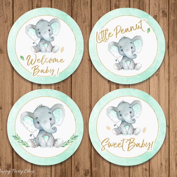2" Baby Shower Toppers, PRINTABLE, Mint Green Elephant Circles, Elephant Cupcake Toppers, Teal Little peanut, Instant download - BSU046MG
