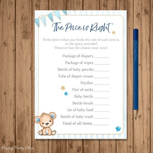 Cartão O Preço Certo, IMPRIMÍVEL, Chá de Bebê Ursinho de Pelúcia, Chá de Bebê Urso Azul, Chá de Bebê Menino, download instantâneo, Digital - BSU063BB