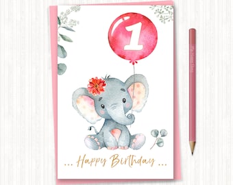 Cartão de feliz aniversário de elefante, PARA IMPRIMIR, Cartão de felicitações de elefante, Aniversário de menina, Elefante rosa, 1º aniversário, Download instantâneo - BSU0462P