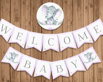 Purple Elephant Baby Shower Banner | Welcome Baby | Printable | Digital Download | BSU046PR