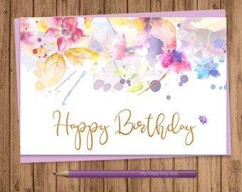 Cartão floral de feliz aniversário, IMPRIMÍVEL, cartão dobrável, pastel, cartão boho, aquarela floral, digital, download instantâneo - BSU061
