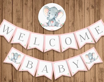 Rosa elefant babyshowerbanderoll | Välkommen bebis | UTSKRIVBAR | Digital nedladdning | BSU046PI
