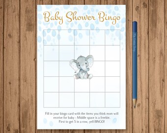 Elephant Baby Shower Bingo Card, PRINTABLE, Boy Shower Bingo Game, Blue, Cute Elephant, Stripes, Digital File, Instant Download - BSU0461B