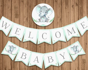 Mint Elephant Baby Shower Banner, PRINTABLE, Welcome Baby, Green Mint, Little Peanut Party, INSTANT DOWNLOAD - Digital (13 Flags) - BSU046MG