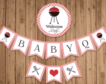 BabyQ Banner, Red Gingham BBQ Shower Decor (Printable Digital Download)